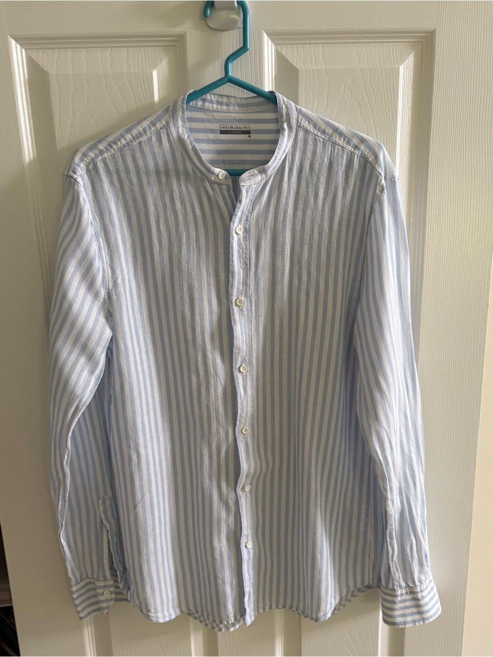 Intimissimi men Light Blue and White Striped Band-Collar Shirt linen and cotton.